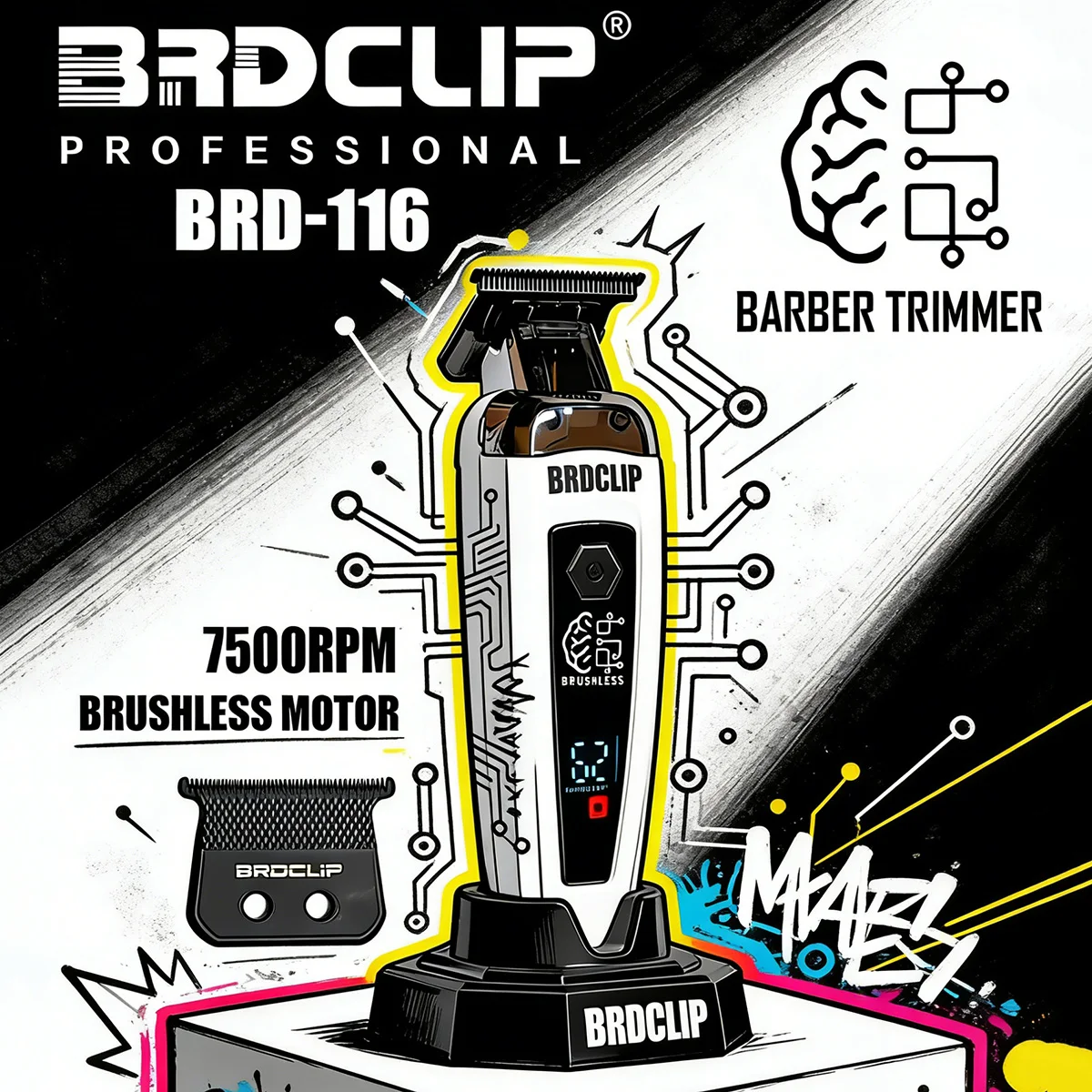 

Профессиональная машинка для стрижки волос BRDCLIP White с бесщеточным мотором 7500 об/мин, металлическими лезвиями и технологией Metal-Injection, для мужчин