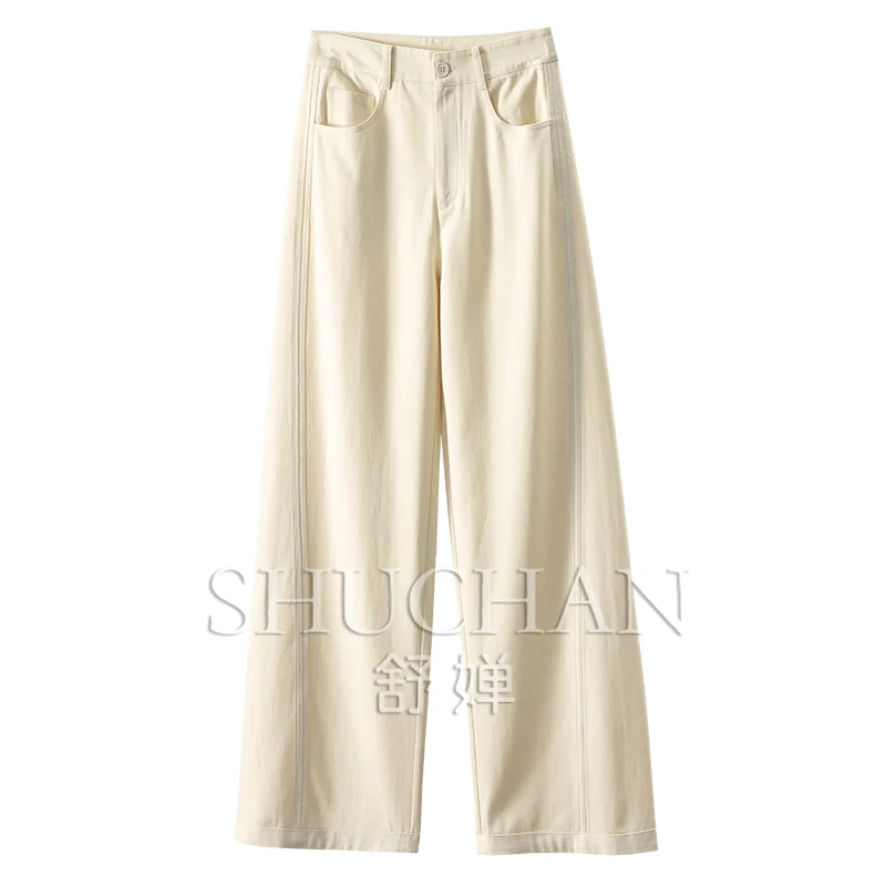 

Tencel Cotton Three-dimensional Patchwork High Waist Straight Wide Leg Pants Women Pantalones De Mujer