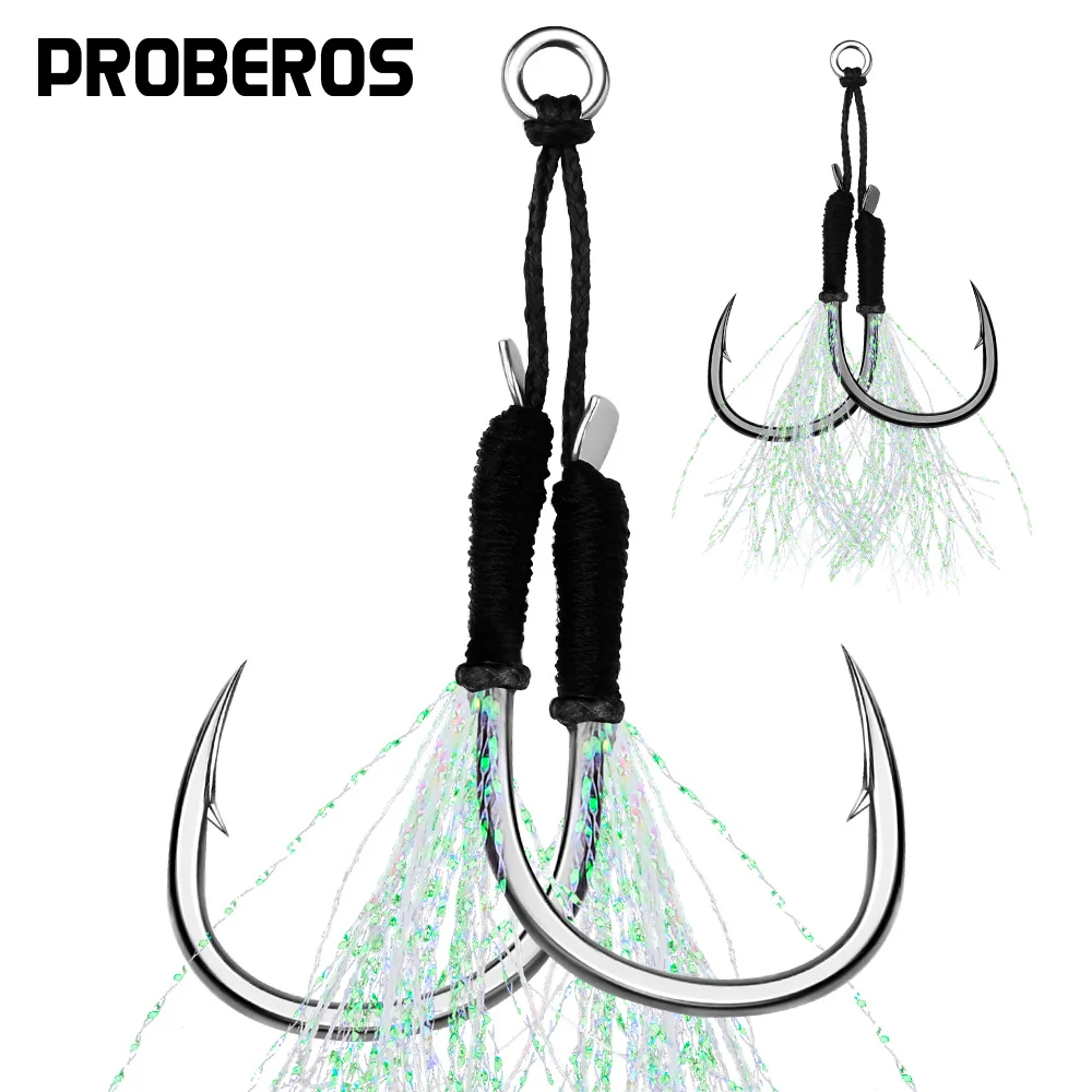 PROBEROS 10pairs Metal Jig Assist Hook With PE Line Feather Solid Ring Jigging Spoon Saltwater Fishhook  Fishing Accessories