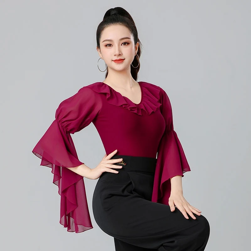 ใหม่Latin Dance Topsผู้หญิงแขนยาวRuffle Edge Jumpsuitฝึกเสื้อผ้าChacha Rumba Tango Latin Dance DN20591