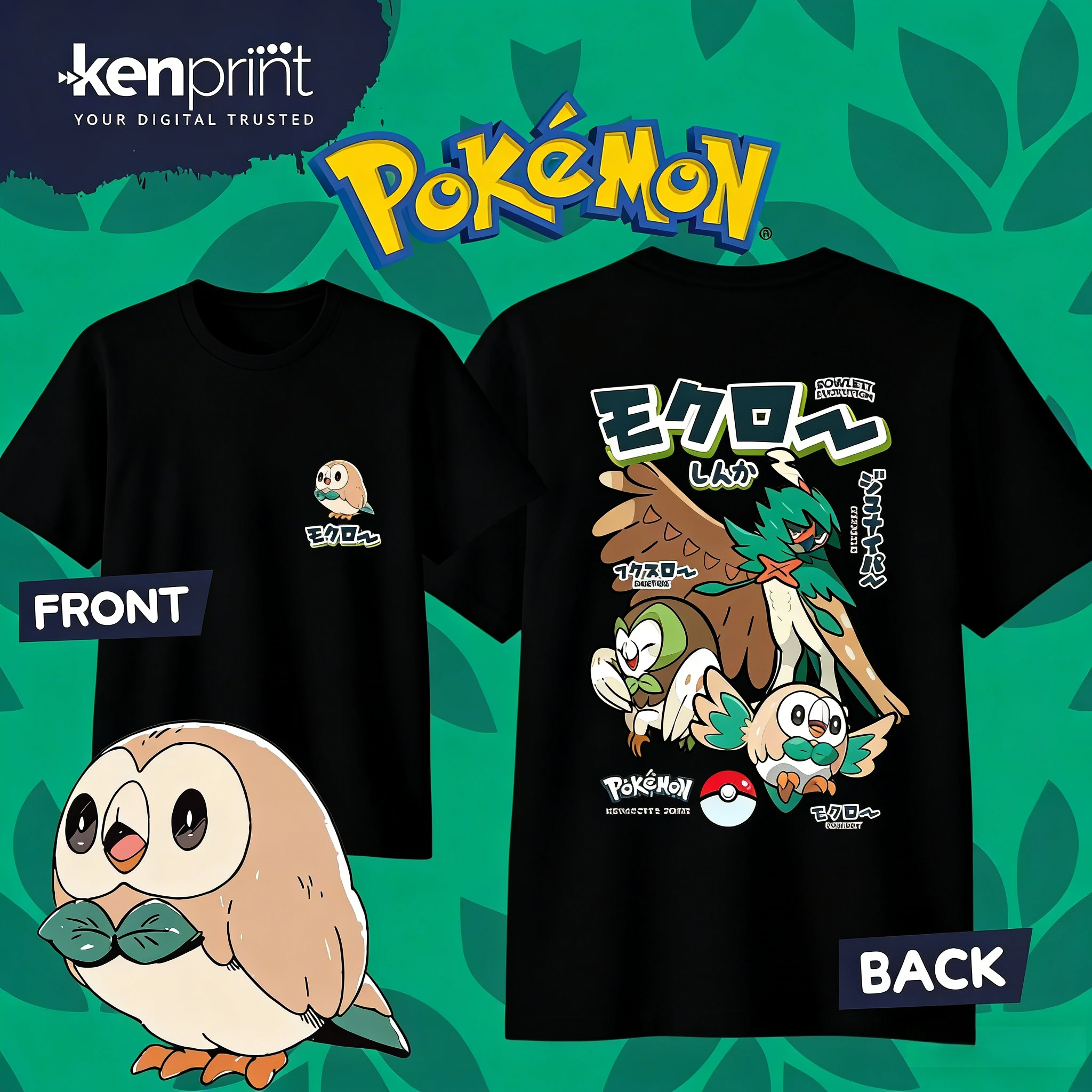 Bandai Pokémon Cartoon Rowlet Evolution 100% Cotton T-shirt Summer New Men/Women Fashionable Casual Harajuku Short Sleeved Top