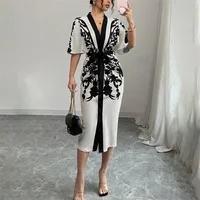 UOOZEE Office Ladies Office A-line Dress 2025 New Summer Half Sleeves V-Neck Tied Waist Flower Printed Evening Midi Dresses - Image 2