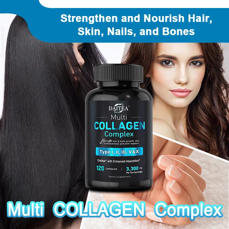 Multiple Collagen Peptide Softgels - Types I, II, III, V, X, Suitable for Unisex, Supports Skin, Hair, Nails and Joints, Non-GMO