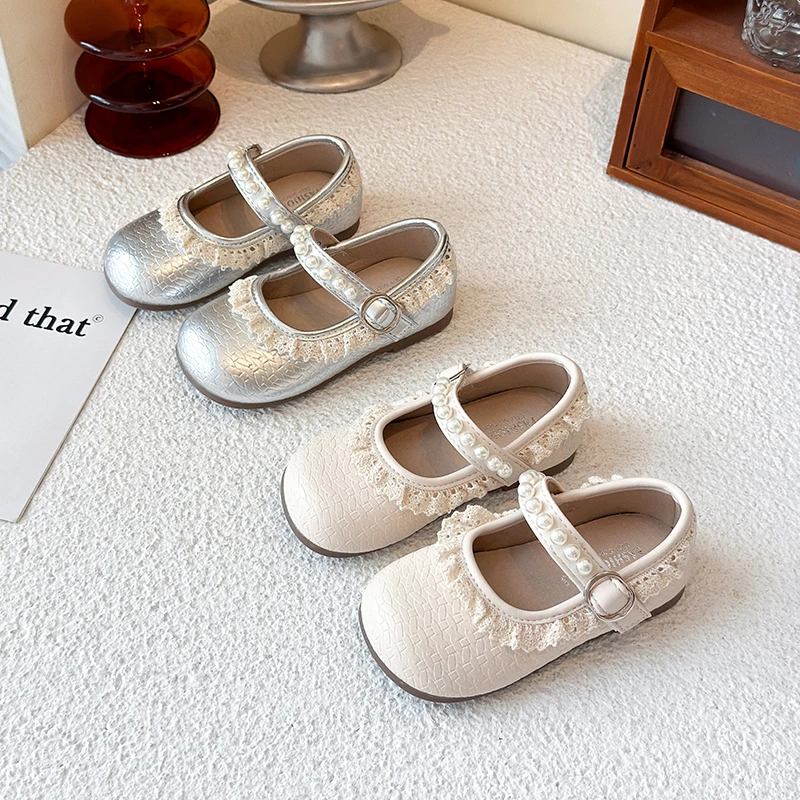 

Children's Leather Shoes Spring Autumn Elegant Lace Princess Shoes for Girls Sweet Beading Kids Causal Wedding Party Flat Shoes