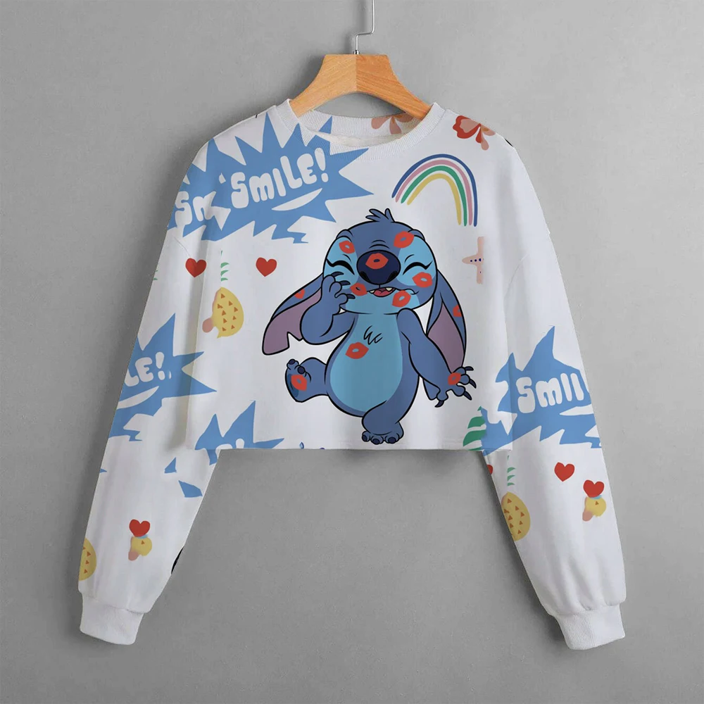 Girls Hoodie Casual Cartoon Anime Fun Print Children's Top Spring 2024 Disney Lilo&Stitch Girls' Short Round Neck Sweater