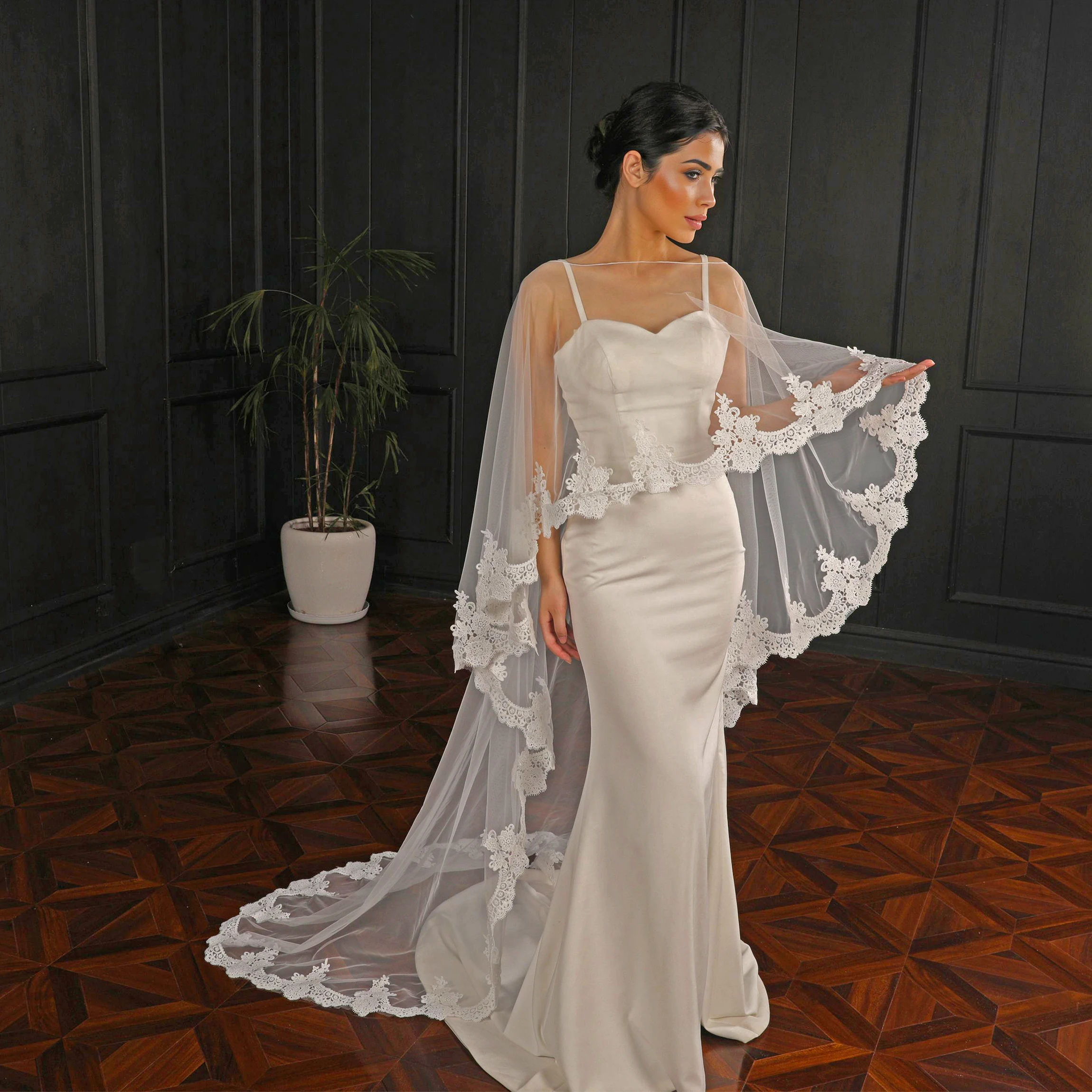 

long pullover bridal shawl wedding dress handmade sewn lace trim elegant train floor wedding party banquet accessories VPG31