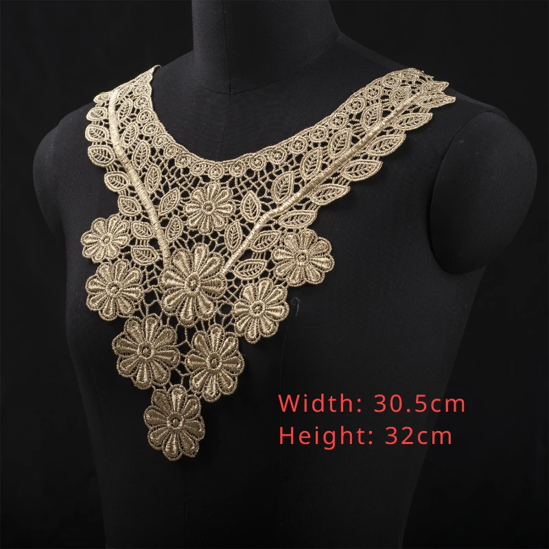 3D Gold Polyester Embroidery DIY Flower Lace Collar, Fabric Sewing Applique, Ribbon Trim, Neckline Guipure Cloth, Wedding Decor