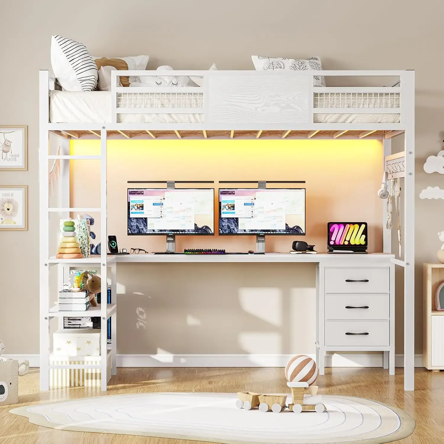 Loft Bed with L-Shaped Desk, Metal Twin Size Bed Frame with LED Lights & Charging , 3 Fabric Drawers, 2-Tier Storage