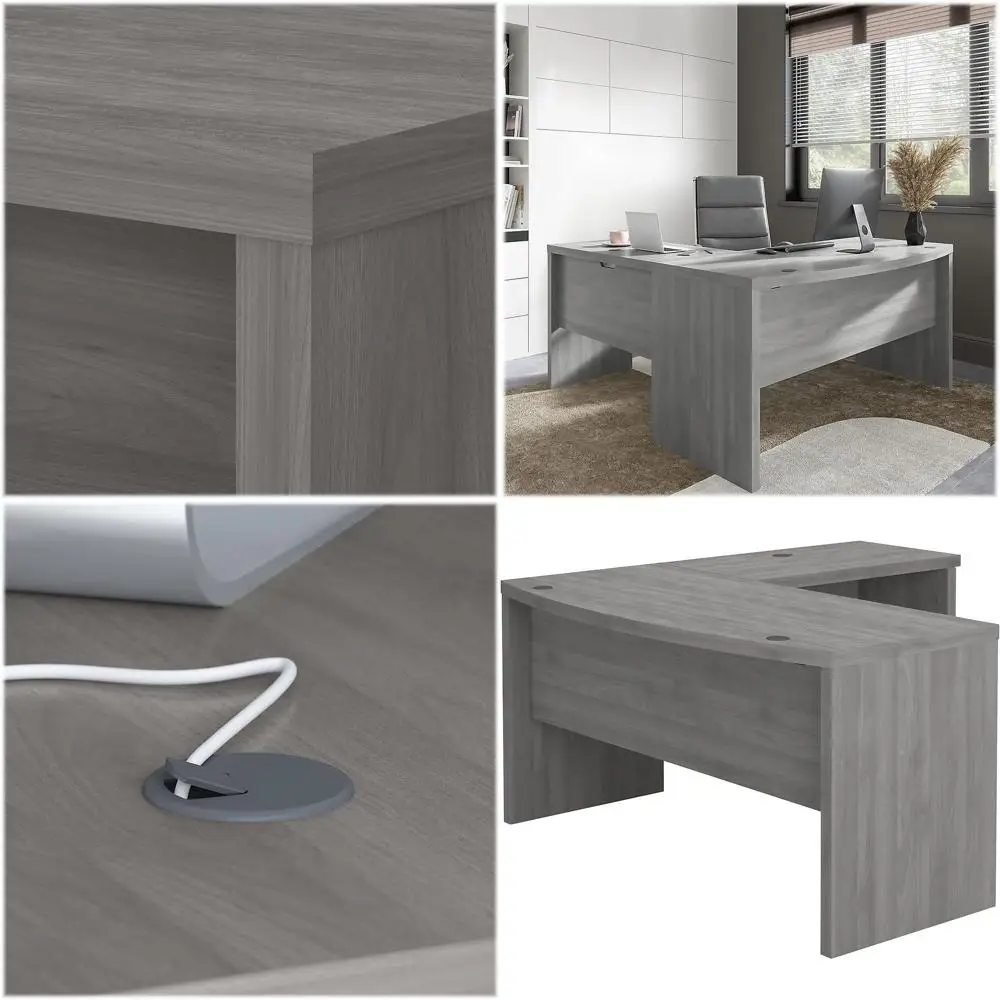 

Элегантный серый L-образный офисный стол с изогнутой передней панелью для профессиональной или домашней работы