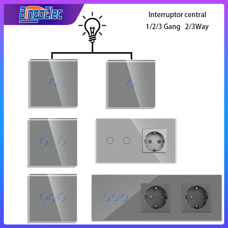 Bingoelec 1 2 3 Gang 2/3way Wall Touch Switch with Socket EU Power Sockets Switches Grey Glass Panel Light Switch