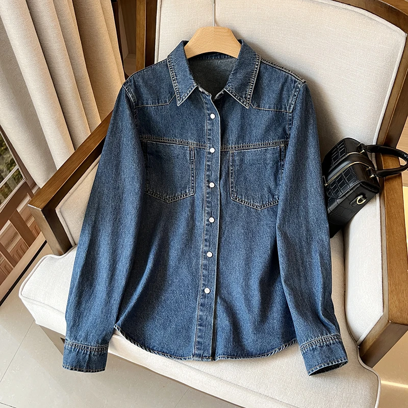 Slimming High Waist Denim irt Women's Loose Long Sve Turn-down Collar Double ket Single Button Autumn New Arrival