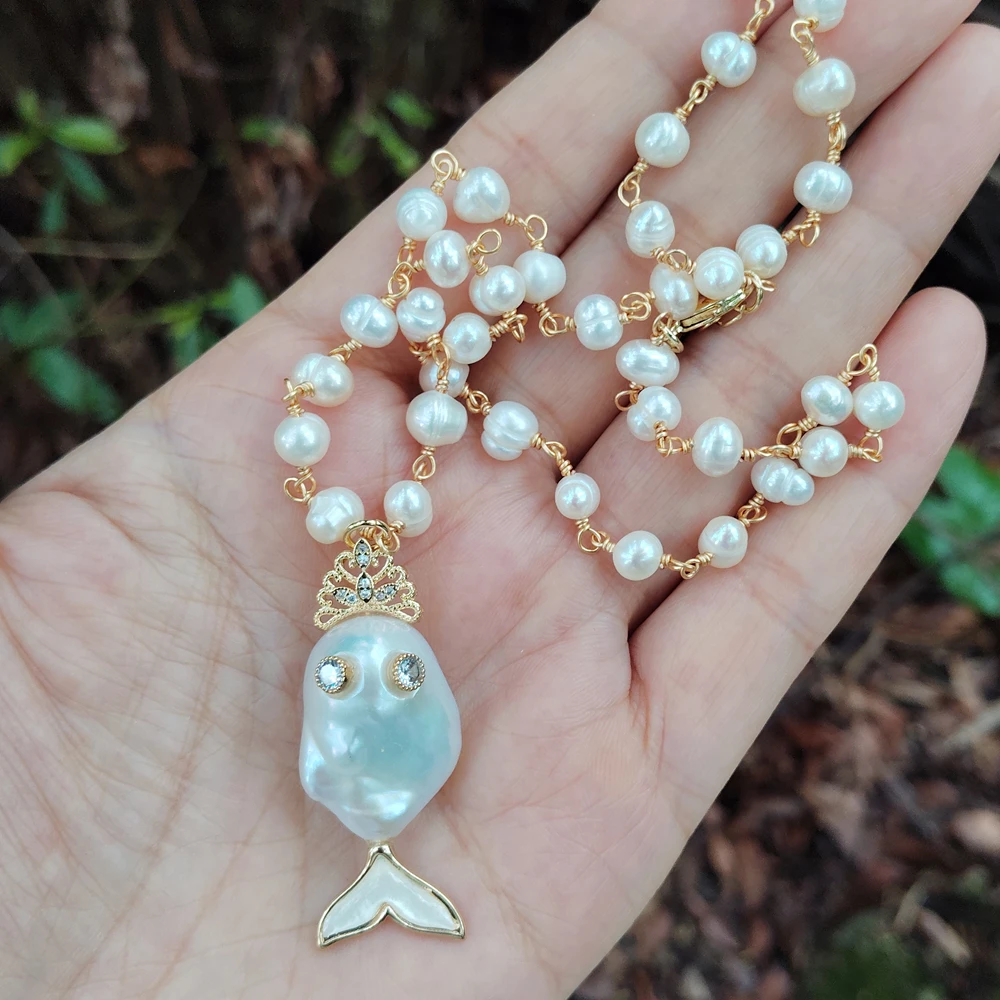 

Y·YING Cultured White Baroque Pearl Pendant Chokers Rosary Chain Women Minimalist Necklaces Jewelry Gifts