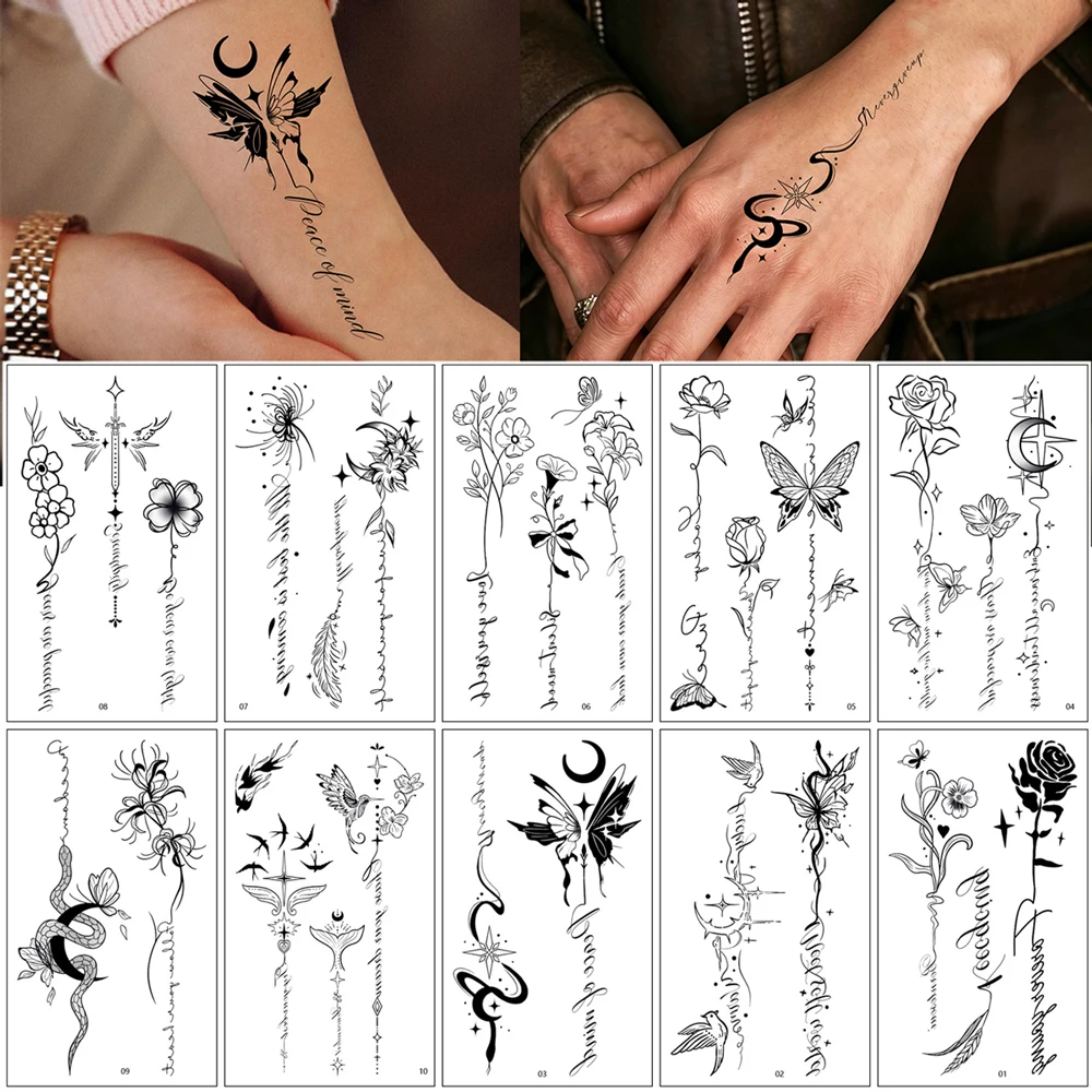 10 Sheets Flower Women Hand Tattoo Waterproof Floral Butterfly Temporary Tattoo Stickers Body Decor Snake Moon Fake Tattoo