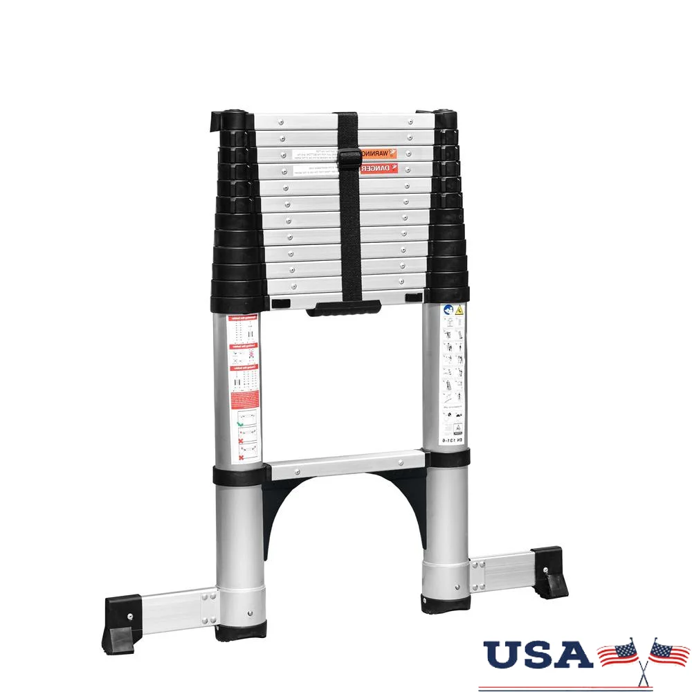 One-Button Retraction Telescoping Aluminum Extension Ladder 12.5FT Non-Slip Lightweight Compact Stabilizing Design Safe Climbing