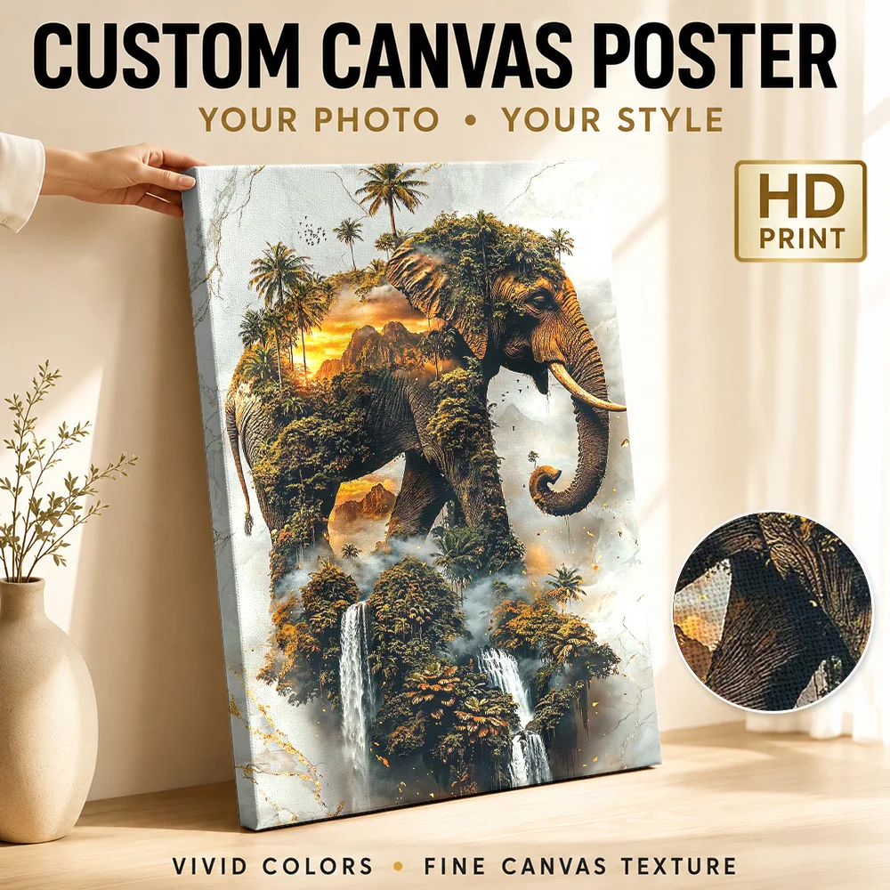 Elephant Silhouette With Temple Waterfall Canvas Print Personalized Photo Double Exposure Wall Art For Study, Animal Lover Gift