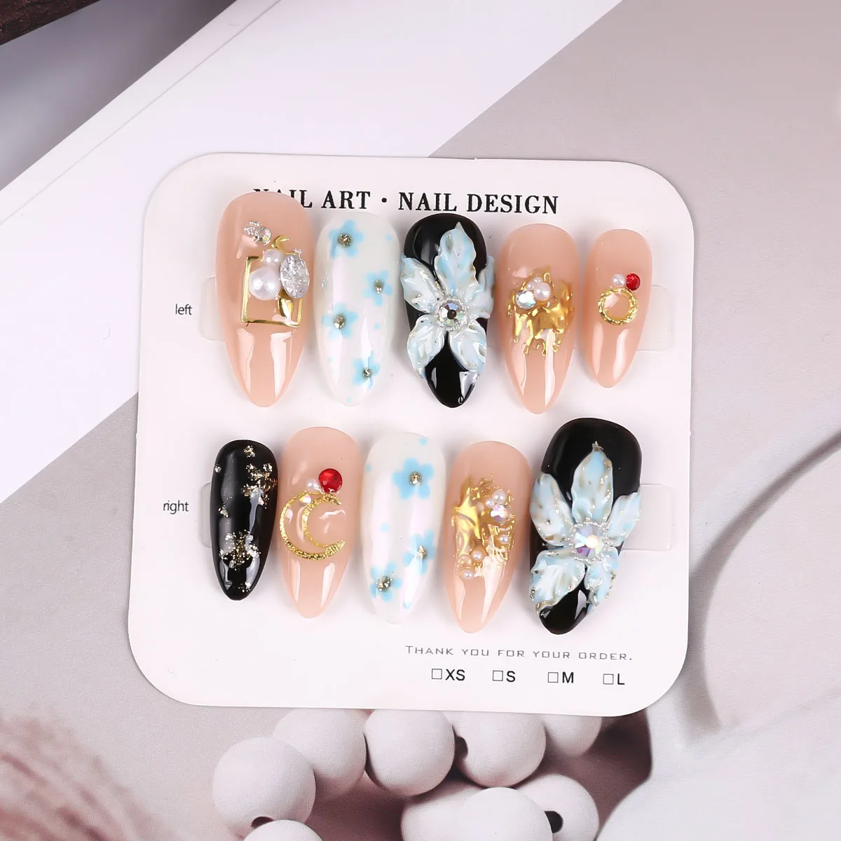 

10 pieces of long nail tape design, printed stickers, diamonds, fake nails, pressed artificial nails, suitable for women's fitti
