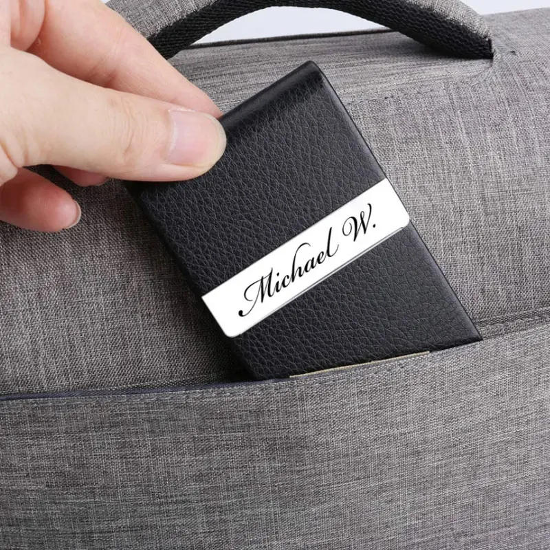 Personalized Engraved Custom Stainless Steel PU Leather Metal Business Card Holder Luxury Aluminum Alloy Card Case Portable