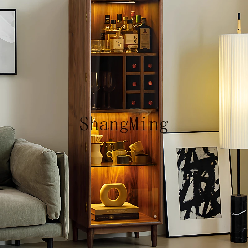 

FG black walnut wine cabinet, all solid wood display cabinet, living room household small apartment storage locker