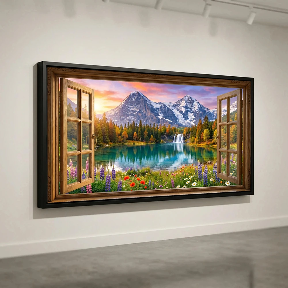 No Frame View of mountain lake from open window Canvas, wall art waterfall and wildflowers, picturesque natural landscape canvas