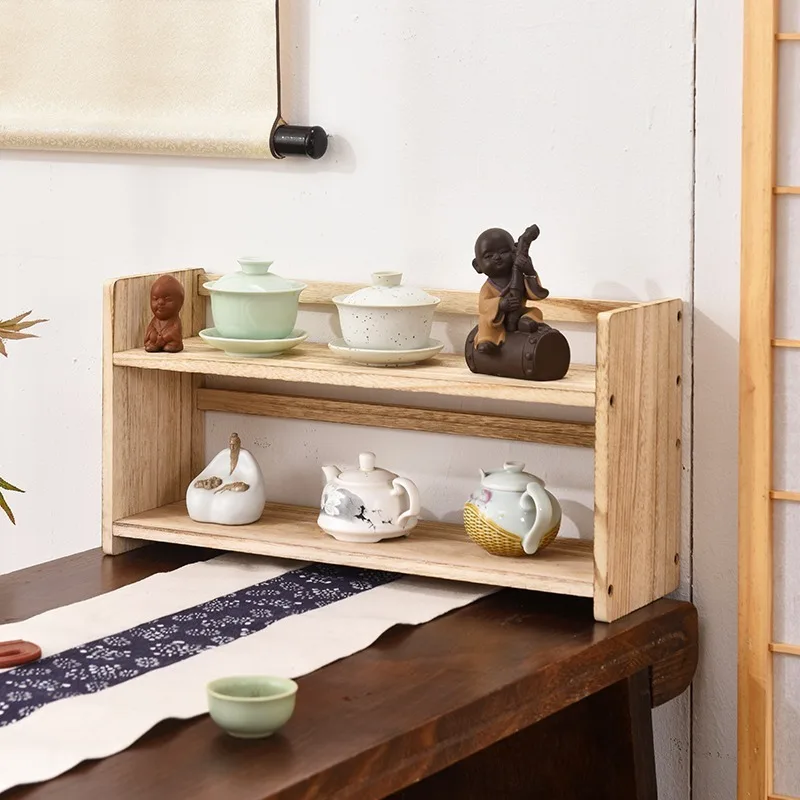 Table Top Tea Set Teacup Storage Rack Double-layer Tea Pet Display Rack Wooden Teapot Rack Storage Rack