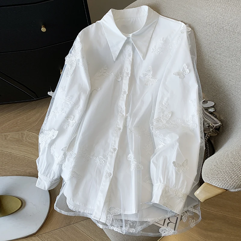 Damskie niebieskie koronkowe koszule w kratę w kształcie motyla bluzki Y2k estetyczne Vintage koreańskie 2000s Oversize koszula z długim rękawem modne ciuchy