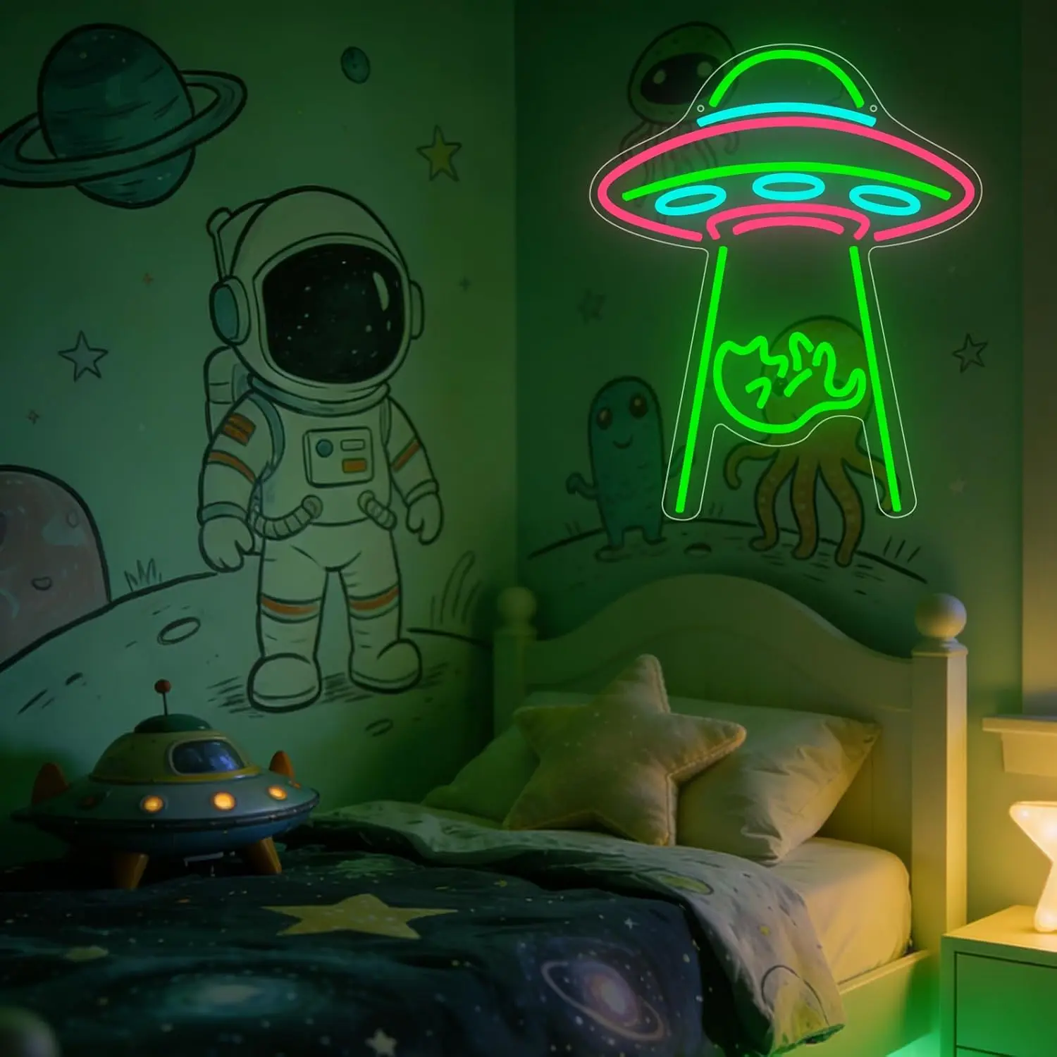 Multicolor UFO Alien Hand LED Neon Sign USB Wall Light Space Themed Neon Lamp Game Room Bar Teen Bedroom Aesthetic Decor Gift