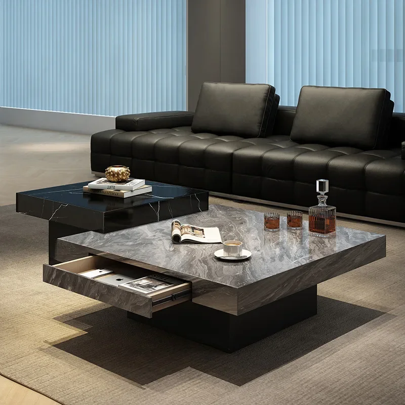 Italian minimalist light luxury rock slab coffee table living room household size high and low combination square high-end coffe