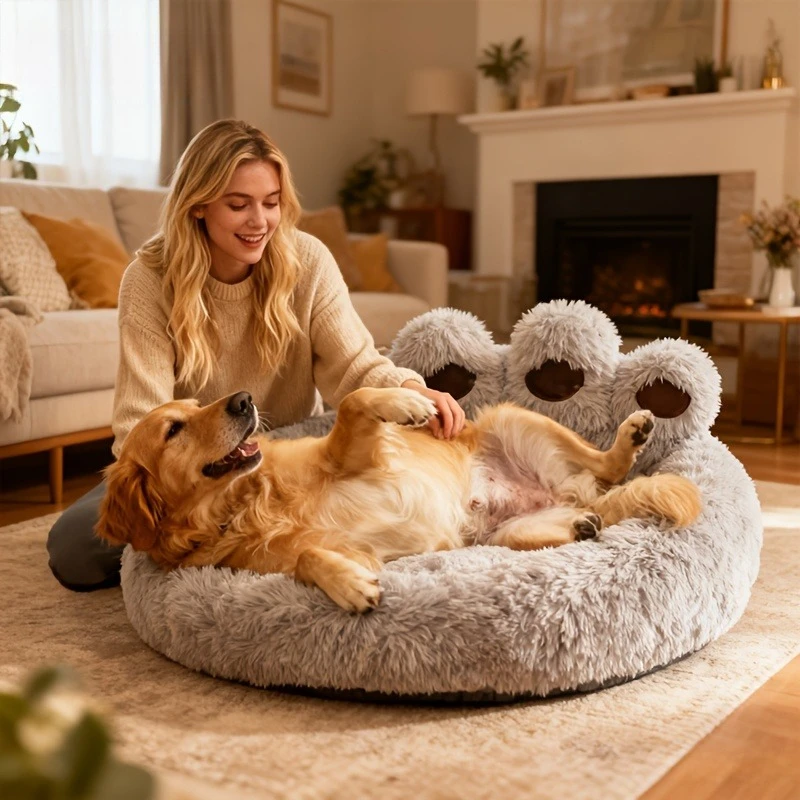 

Bear Paw Pet Bed Warm Plush Calming Donut Bed for Medium Dogs Cats, Anti-Anxiety Puppy Cat Cushion Mat Winter Soft Round Bed