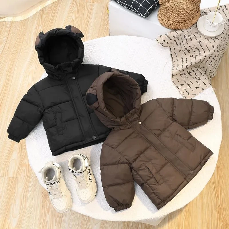 

New Children's Down Cotton Jacket Cartoon Casual Style Boys Girls Hooded Cotton Clothing Winter Plush Thicken Warm Cotton Jacket