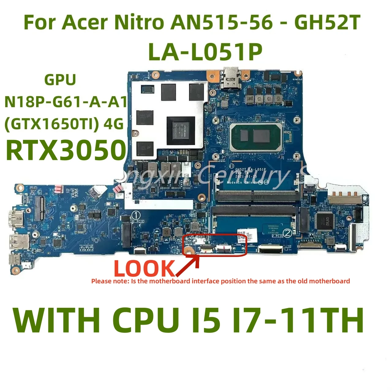 

LA-L051P Is Suitable For Acer AN515-56-GH52T Laptop Motherboard With I5 I7-11TH CPU GPU GTX1650TI/RTX3050 4G 100% test