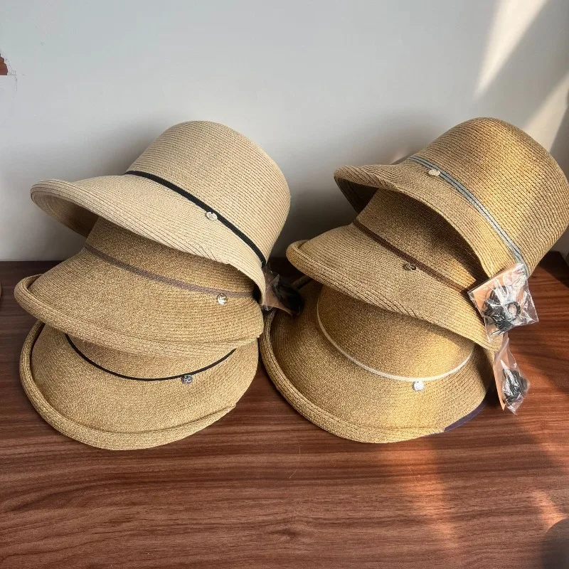 Color Block Bucket Hat Women Rolled Brim Straw Hat Summer Sun Protection Casual Outdoor Beach Cap Fashion Basin Hat