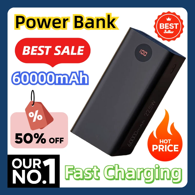 

For IPhone 15 14 13 Xiaomi 22.5W Fast Charging Power Bank 60000mAh Portable Powerbank External Battery