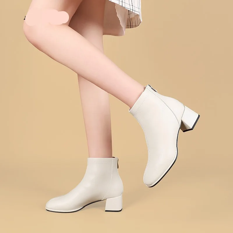 Fashion Ankle Boots for Women Back Zipper Stretch Middle Heel Large Size Short Boot Fashion Round Shoes Botas De Mujer 2024