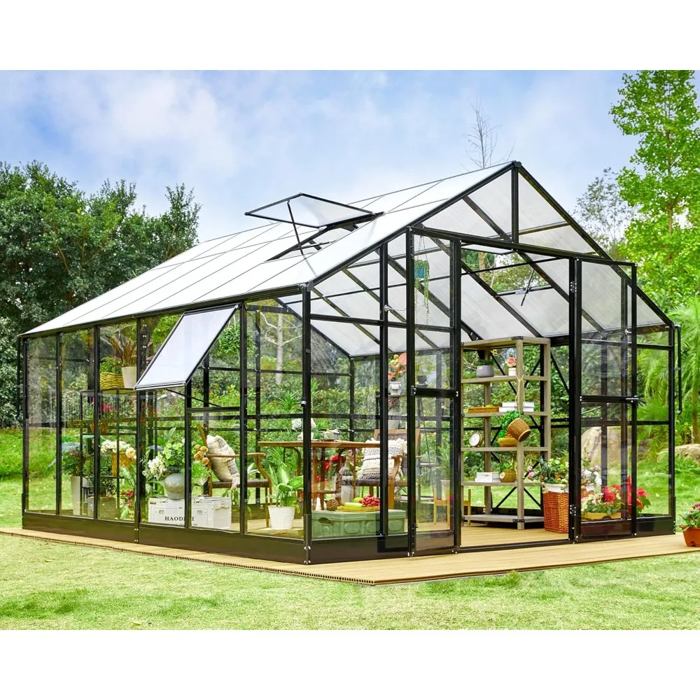 

12x13.5x9 FT Polycarbonate Greenhouse - Outdoor Aluminum Greenhouse with Ventilation,Quick Connect Fittings, 6.7 FT Double Doors