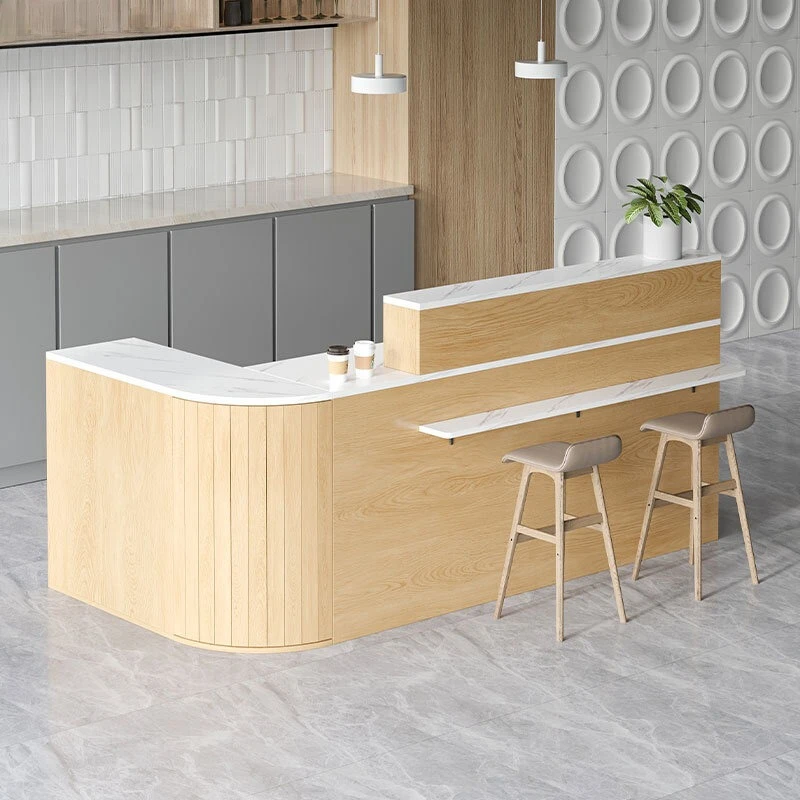 Curved corner reception counter bar small natural wood color reception counter Scandinavian style empfangstheke office furniture