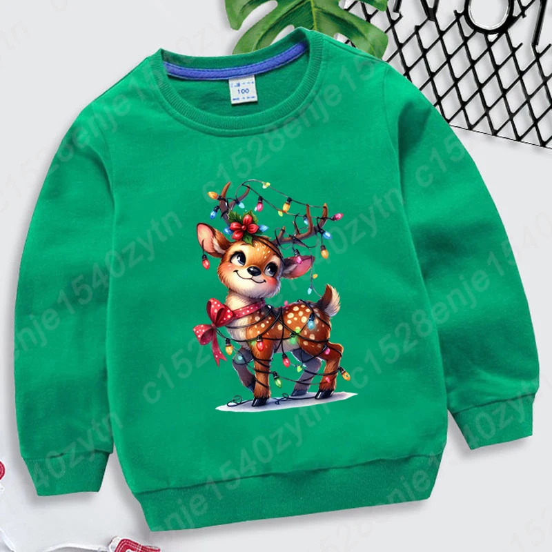 

Christmas Light Reindeer Print Pullovers Children Fashion Solid Color Round Neck Hoodeless Sweatshirts Autumn Winter Sweatshirts