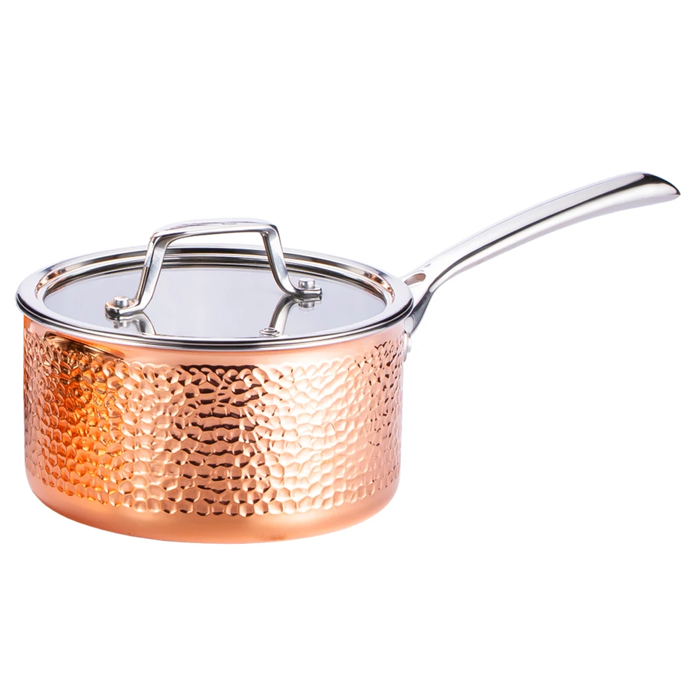 Copper Hammered Cookware Set, 5 Piece Triple Kitchenware Cooking Pot Includes Sauce Pan, Casserole, Frying Pan