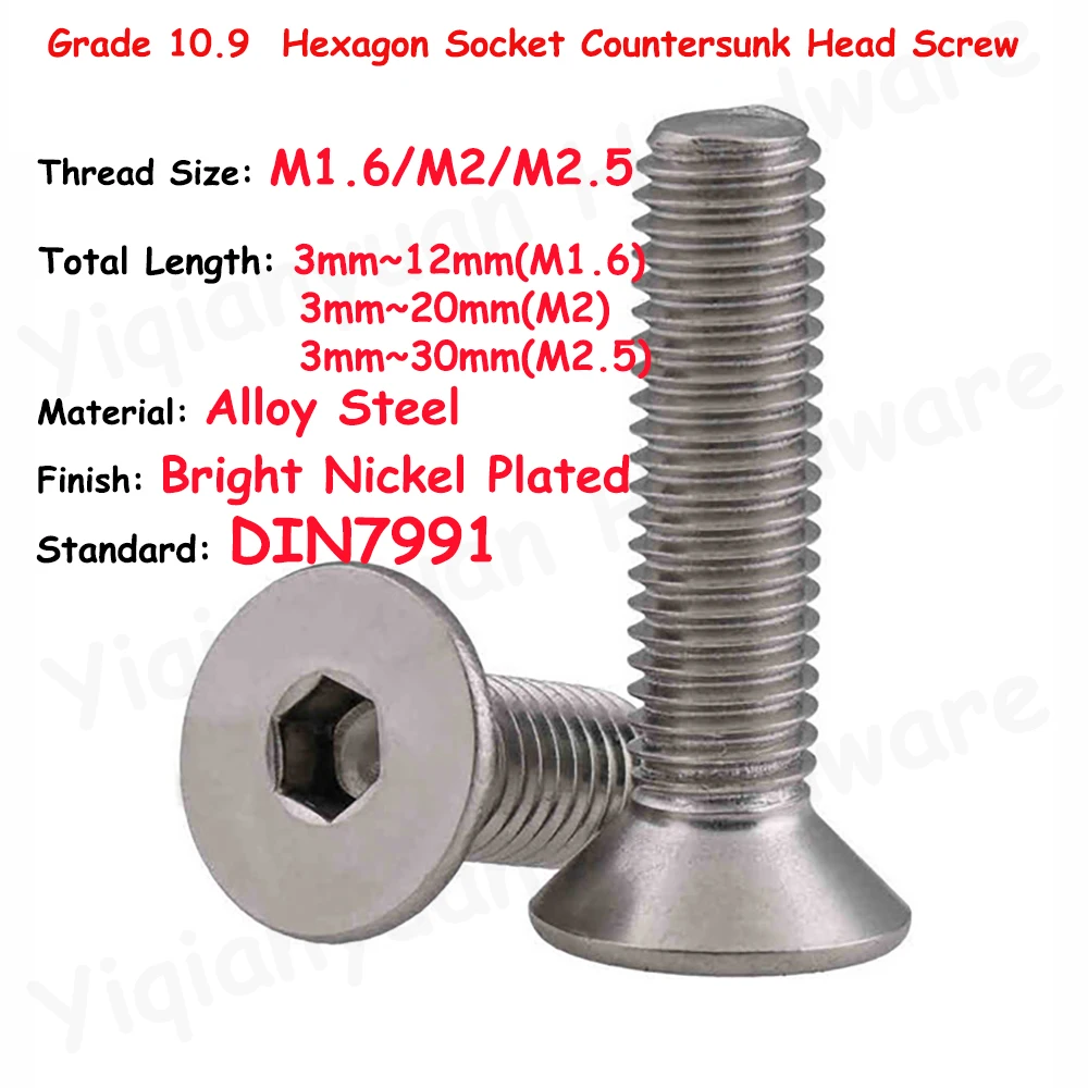 

50Pcs DIN7991 M1.6 M2 M2.5 Coarse Thread Grade 10.9 Alloy Steel Bright Nickel Plated Hexagon Socket Countersunk Head Cap Screws