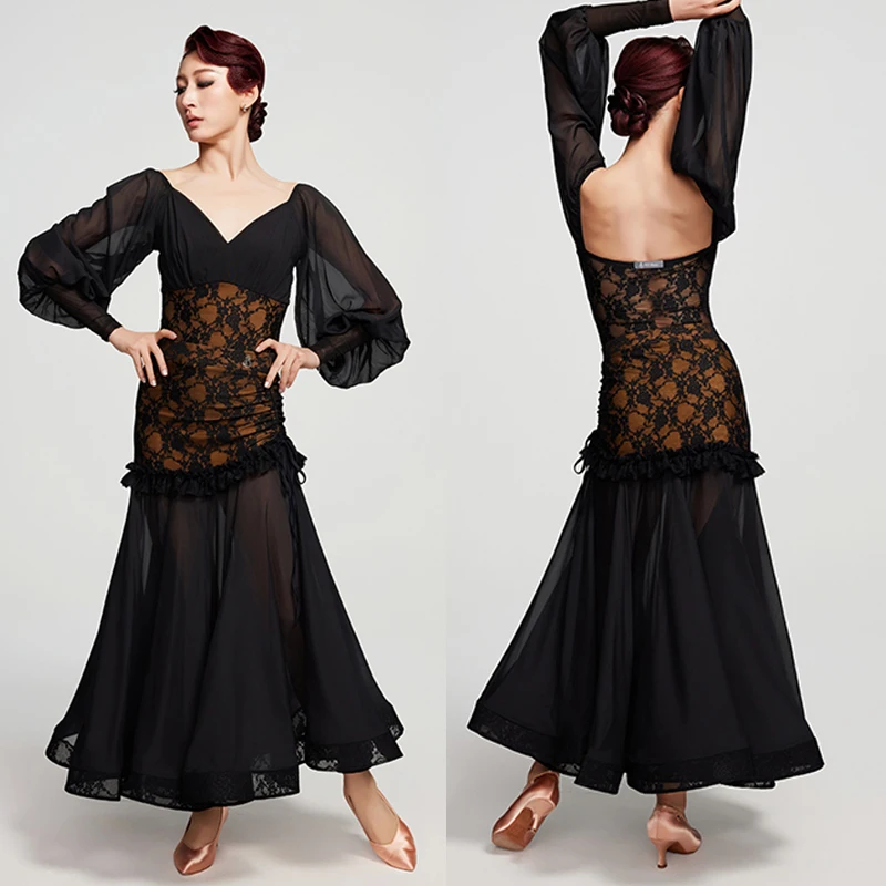 

Latin Ballroom Dance Clothes Women Black Lace Tops Leotards Mesh Skirt Adult Waltz Dance Practice Dress Competition Wear V23496