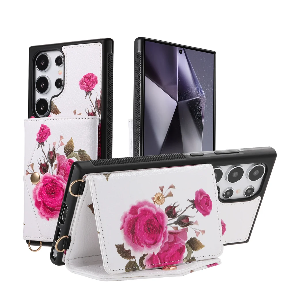 

Luxury Litchi Pattern Retro Flower Card Bag Wallet Case for Galaxy S24 Ultra S24 Plus S24 Girl Fancy Wrist Strap Crossbody Case