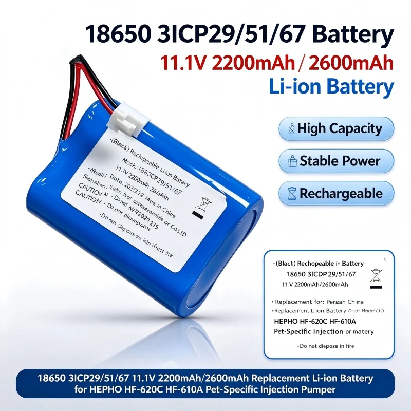 18650 3ICP29/51/67 11.1V 2200mAh/2600mAh Li-ion Replacement Battery for HEPHO HF-620C HF-610A Veterinary Infusion Pump