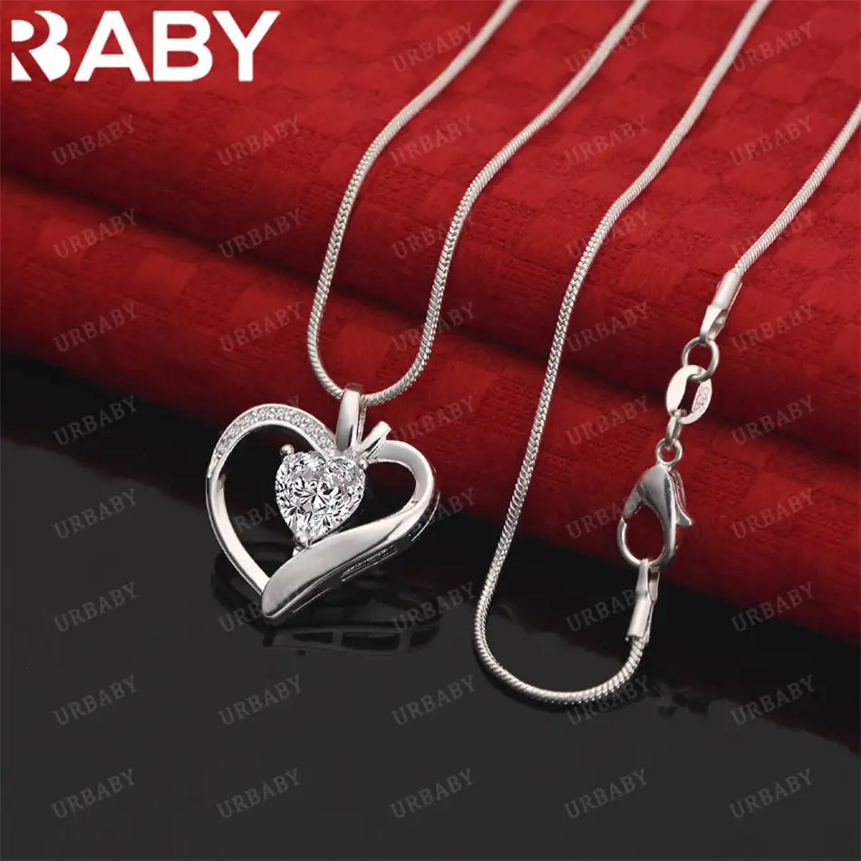 

URBABY 40-75cm 925 Sterling Silver Zircons Heart Pendant Necklace For Women Charm Trend Birthday Gifts Fashion Party