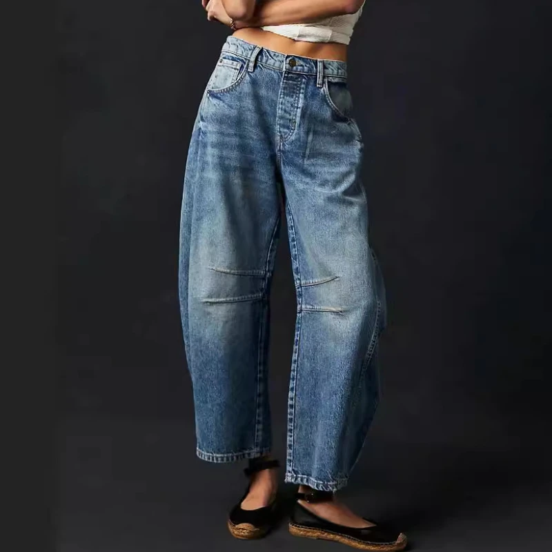 Cotton Denim Long Jeans For Women Trousers Casual  High Waisted Jeans Cropped Pants For Spring Summer Boho Beach Baggy Jeans