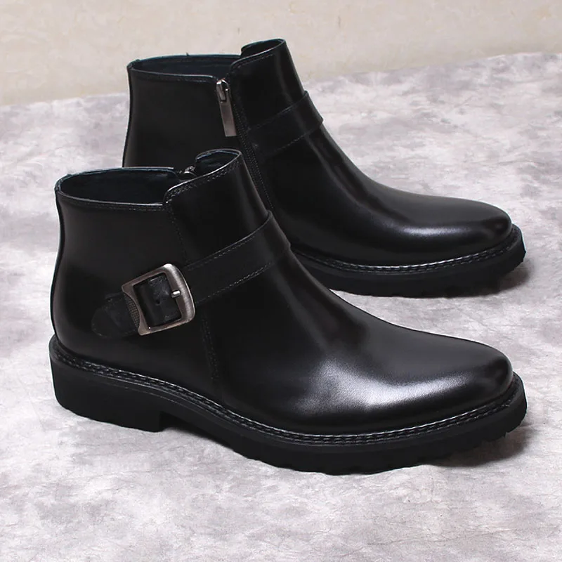 

Elegant Men Genuine Leather Ankle Boots Black Brown Pointy Buckle Name Dress Boot For Men Formal Chelsea Boots Men Shoes