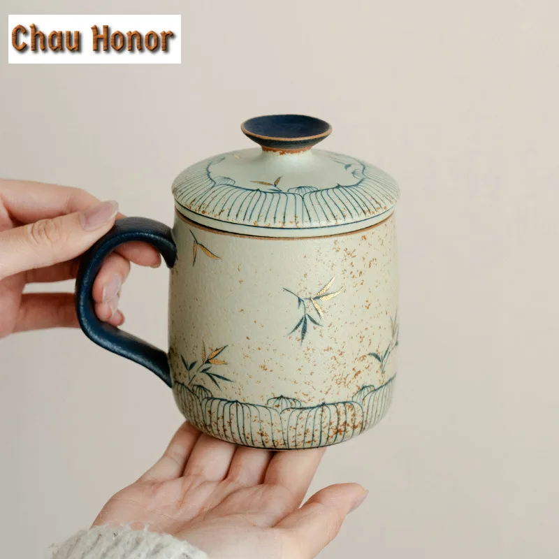 

430ml Retro Blue And White Flint Red Filter Tea Separator Cup Pure Hand-painted Green Bamboo Office Work Cup Coffee Mug Drinking