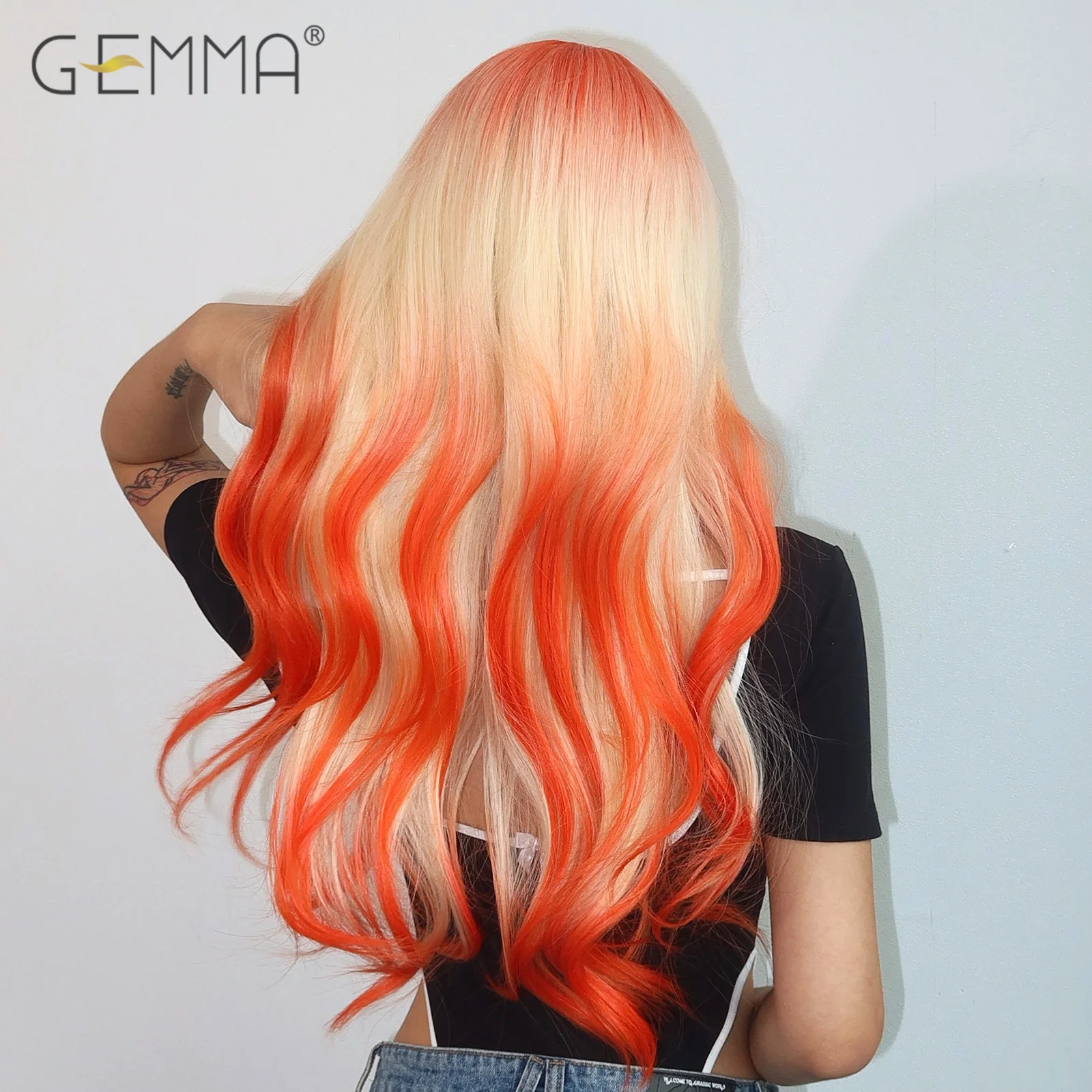 Blonde Orange Ombre Synthetic Wig with Bangs Long Wavy Cosplay Lolita Hair Wigs for Women Natural Heat Resistant Fibre Fake Hair