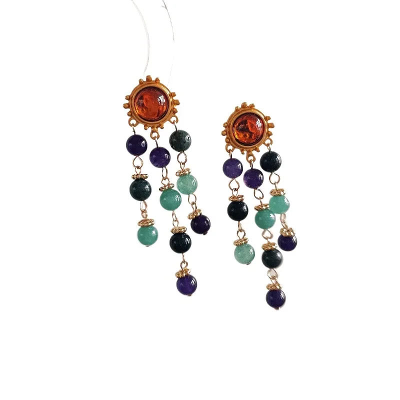 

Retro flower cluster contrasting spar beaded earrings long western medieval vintage tourmaline