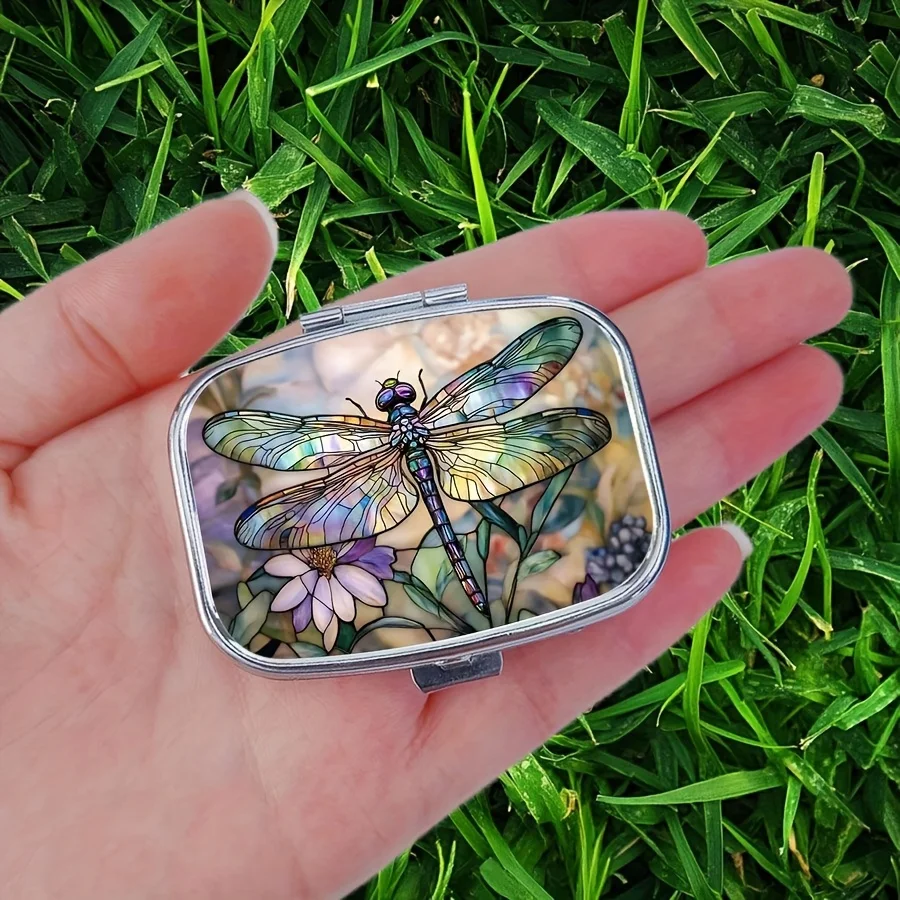 1 elegant dragonfly medicine box -2 compartments portable medicine organizer with painted glass floral design, suitable for trav