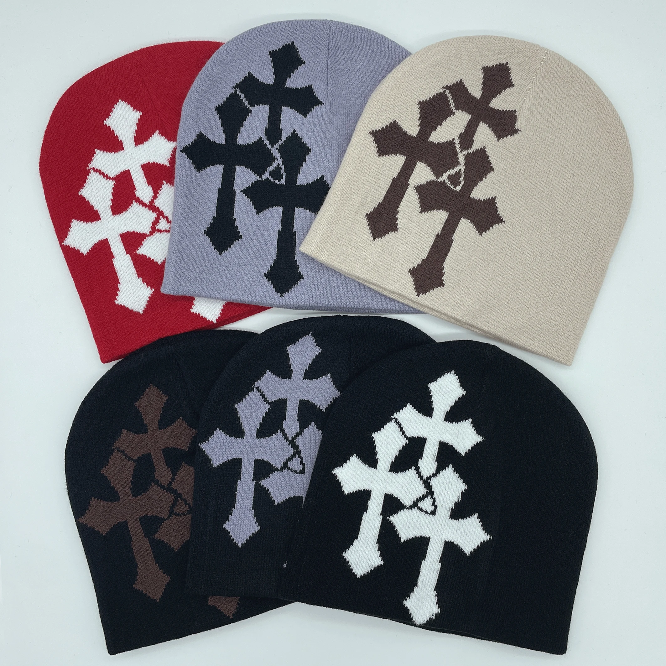 Trendy Cross Jacquard Knitted Cold Hat for Men and Women, Street Hip-hop Retro Autumn and Winter Versatile Warm Beanie Hat