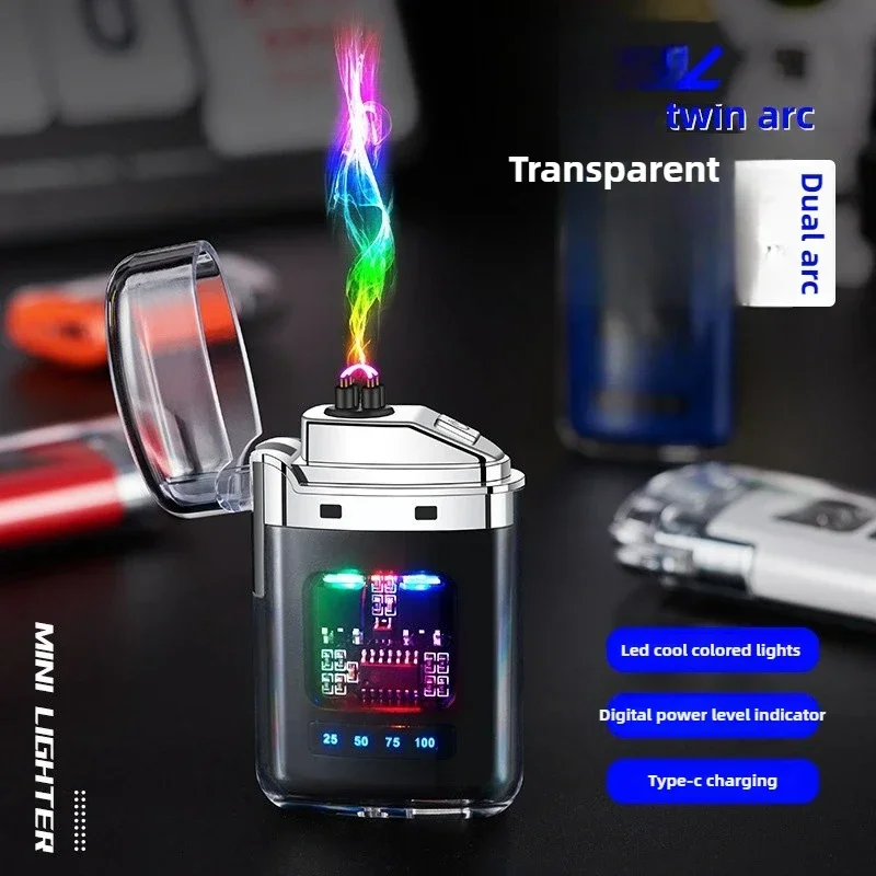Portable Type-C RechargeableElectronic Pulse Lighter,Transparent Body with WindproofDouble Arc Design,Vibrant LED Color Lighting